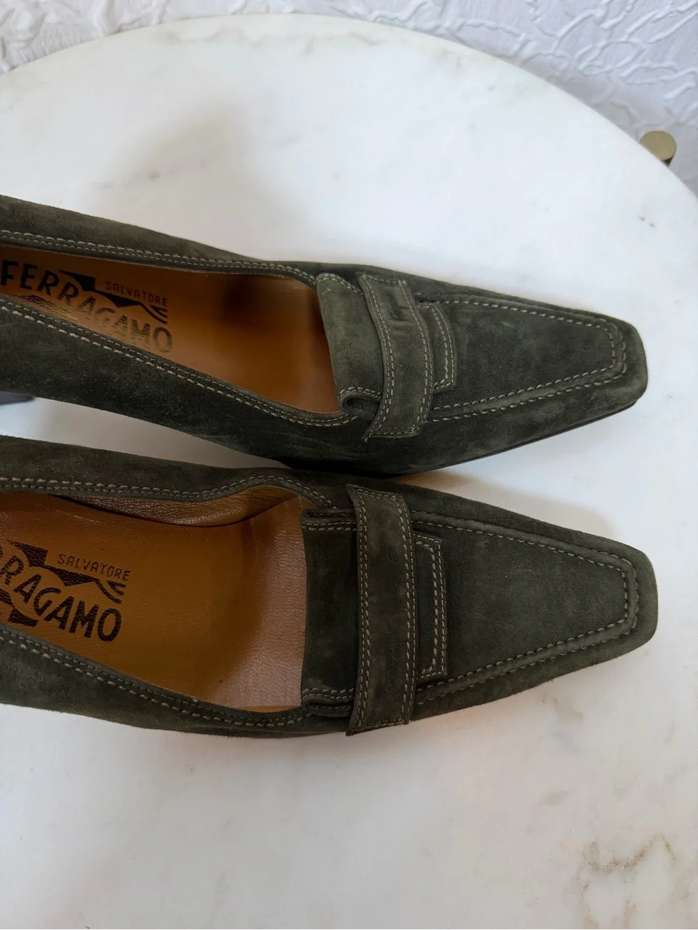 Salvatore Ferragamo Vintage 90’s Olive Green Suede Square Heel Loafers Sz 8.5